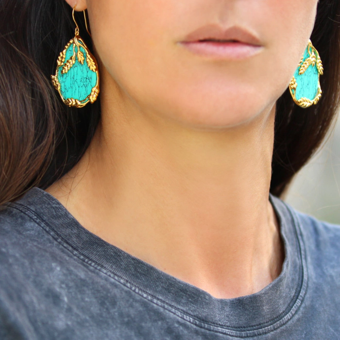Boucles D'oreilles Pendantes Turquoise Véritable - Acier Doré - Marque Tres.Or - Neuf