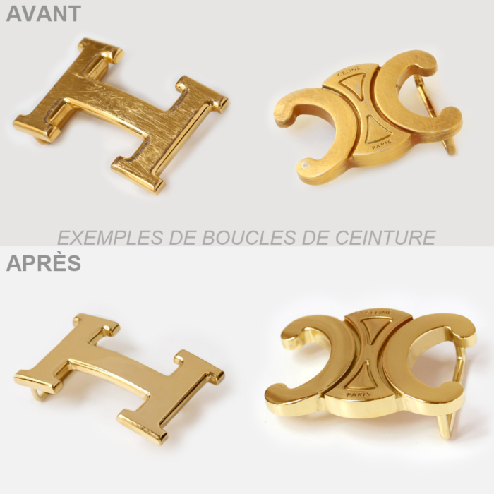 Dorure boucle de ceinture or 24 carats — exemple avant après Dorure boucle de ceinture or 24 carats — exemple avant après