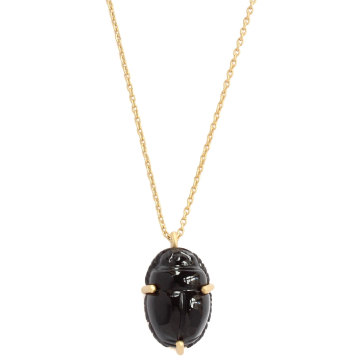 Collier Femme Scarabée En Pierre Naturelle Onyx Ou Agate - Acier Inoxydable Doré - Neuf