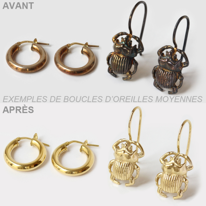 Dorure boucles d'oreilles or 24 carats — exemple avant après Dorure boucles d'oreilles or 24 carats — exemple avant après